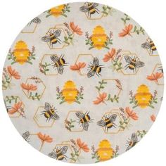 bees and flowers on a white background with oranges, yellows and green leaves