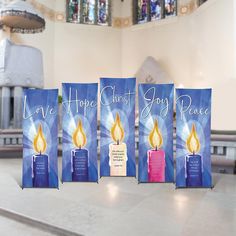 Blue Advent Candles Banner Set - Set of 5 Banners Christ Candle, Advent Images, Candle Church, Advent Church Decorations, Purple Candle, Church Banners Designs, Christmas Bulletin Boards, Church Banner, Advent Candle