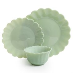 Add retro charm to your kitchen with the The Pioneer Woman Timeless Beauty 3-Piece Dinnerware Set. Made of beautiful and durable milk glass, this darling dinnerware set makes it easy to entertain friends and family at home and in style. The gorgeous jade-green color is reminiscent of opaque jadeite dinnerware popular in the '40s, '50s and '60s. The scalloped-edge rim and lovely color are sure to add a vintage touch to your tabletop setting. As durable as it is convenient, this set includes one 1 Jade Green Color, Spring Dishes, The Pioneer Woman, Dish Sets, Pioneer Woman, Dinnerware Set, Dinnerware Sets, Lovely Colors, Milk Glass