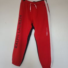 Nwt Polo Ralph Lauren Men's Black Red White Multi Colorblock Double Knit Jogger Sweatpants Sz-M Flat 30" Stretch 34" Warm Jogger Stretch Red Color Block Bottoms, Fitted Casual Color Block Pants, Sporty Red Full-length Sweatpants, Sports Bottoms In Contrast Color Cotton, Cotton Sports Bottoms With Contrast Color, Stretch Cotton Color Block Bottoms, Stretch Cotton Bottoms With Color Block, Sporty Cotton Sweatpants With Contrast Color, Red Full-length Sportswear Bottoms