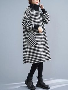 Casual Winter Dresses With Stand Collar, Casual Crew Neck Midi Dress For Fall, Winter Long Sleeve Midi Dress With Pockets, Casual Fall Dresses With Stand Collar, Winter Cotton Midi Dress For Work, Winter Workwear Cotton Midi Dress, Winter Crew Neck Cotton Dress, Cotton Crew Neck Dress For Winter, Winter Cotton Dress With Crew Neck