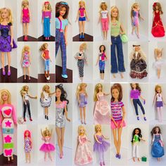 many different barbie dolls are shown in this collage, all dressed up and ready to be played