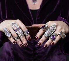 Purple Spiny Oyster + Sterling Silver Ring, Size 8.75 - This stunning handcrafted ring showcases a striking deep purple Spiny Oyster, on a textured open band. The oxidized silver and intricate details give off a cool bohemian ocean-inspired feel. Ring Size: 8.75 Stones: Spiny Oyster Stone Setting: .75"H x .75"W (top) Overall Height: 1" Ring tip to stone top Ring Band: .75" front & tapers to .25" back Materials: Fine Silver & Sterling Silver Stamped .925 & custom Makers Mark Handcrafted in CT, US Raven Jewelry, Orange Hues, Purple And Orange, Top Rings, Peridot Stone, Spiny Oyster, Silver Work, Stone Setting, Handcrafted Rings