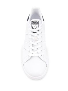 Stan Smith sneaker by ADIDAS in white and blue leather with fabric lining and rubber sole. This item is in size 8½ and the color is Classic High-top Sneakers With Laces, Classic Adidas High-top Sneakers For Sports, Classic Low-top Skate Shoes With Boost Midsole, Classic Sneakers With Rubber Sole For Sports, Classic Skate Shoes With Boost Midsole And White Sole, Classic Skate Shoes With Boost Midsole, Classic High-top Sneakers With White Sole And Laces, Adidas Classic High-top Custom Sneakers, Adidas Classic High-top Sneakers