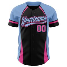 Custom Black Pink-Light Blue 3D Pattern Design Curve Solid Authentic Baseball Jersey Blue Baseball Jersey With Sublimation Print For Game Day, Blue Jersey With Baseball Collar, Blue Baseball Jersey With Baseball Collar For Team Events, Blue Baseball Jersey With Collar For Team Events, Blue Baseball Jersey For Sports Events During Baseball Season, Customizable Blue Jersey For Baseball Season, Customizable Blue Baseball Jersey For Team Events, Customizable Blue Sporty Baseball Jersey, Customizable Blue Baseball Jersey With Team Name