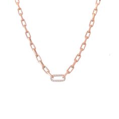 "This Italian handcrafted chain link necklace is completely composed of 14K solid gold and is uniquely made with a semi-hollow interior for comfortable everyday wear that will not dent . The chain is centered with a slightly larger link and is pavé set on both sides with genuine GVs1 quality natural real Diamonds. NOTE: This item is available in longer or shorter length options. Kindly send us a \"Custom Order\" request for pricing and details. ♦ Total Length: available in your choice of 14, 16, Rose Gold Link Chain Necklace, Rose Gold Paperclip Chain Necklace, Rose Gold Chain Necklace With Oval Links, Rose Gold Chain Necklace As Gift, Rose Gold Oval Link Chain Necklace As Gift, Rose Gold Chain Necklace With Rectangular Links, Rose Gold Oval Link Necklace With Gold Chain, Rose Gold Cable Chain Necklace With Rectangular Links, Rose Gold Necklaces With Cable Chain And Rectangular Links