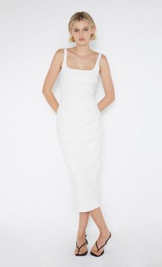 The Moon Dance Maxi Dress features a loose fitting wrap bust and a low cowl tie back. The dress cinches in at the high waist, creating a feminine silhouette and falls out into a straight maxi skirt. Square Neck White Dress, Straight Maxi Skirt, Moon Dance, Square Neck Dress, Feminine Silhouette, New Pant, Be Mine, Brides And Bridesmaids, Crepe Fabric