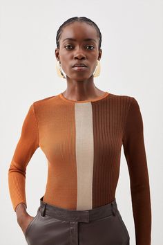 Invest In Classic Warmth This Season With This Long Sleeved Top. Crafted From Soft Viscose Knit, With A Colour Block Pattern For A Contemporay Appeal, While A Round Neck And Long Sleeves Add Additional Unmatched Comfort. Pair This Piece With A Leather Maxi Skirt And Boots For A Daytime Look.Viscose Knit Jumpercolour Block Patternlong Sleevesround Neckline Chic Tops With Contrast Color For Fall, Two-tone Color Block Long Sleeve Tops, Modern Long Sleeve Knit Top For Spring, Modern Fine Knit Long Sleeve Sweater, Stretch Long Sleeve Color Block Sweater, Modern Crew Neck Knit Top For Fall, Modern Knit Top With Crew Neck For Fall, Modern Fall Knit Top With Crew Neck, Brown Long Sleeve Sweater With Contrast Color