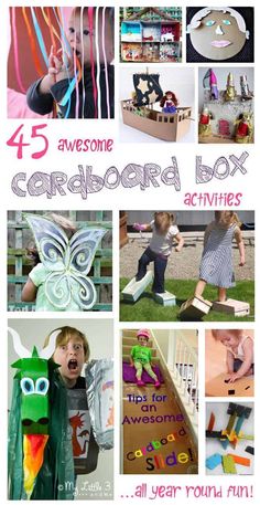 several pictures with words that say it's awesome to be in the cardboard box