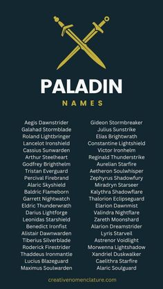 a poster with the names and numbers for paladin name list in gold on a black background