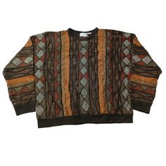 Vintage 90s Coogi Style Textured Knitted Crewneck Sweater - Classic Retro Knit Dive into the nostalgia of the 90s with this eye-catching vintage Coogi style crewneck sweater! Inspired by the iconic designs of Coogi Australia, this sweater features the same bold patterns and vibrant colors that defined an era. Perfect for fashion lovers who appreciate unique, statement pieces. Features: Era: 1990s Style: Coogi-inspired Material: High-quality 100% Cotton (Soft, warm, and durable) Design: Multicolo Retro Knitted Sweater For Fall, Retro Brown Knitted Tops, Brown Jacquard Knit Crew Neck Top, Retro Knitted Brown Tops, Retro Crew Neck Knit Top, 90s Fall Streetwear Sweater, 90s Style Fall Sweater For Streetwear, Brown Crew Neck Top With Fair Isle Pattern, Retro Brown Crew Neck Sweatshirt