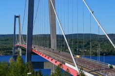 a large bridge spanning over a body of water with trees in the foreground and mountains in the background