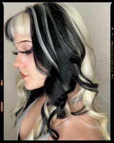 Hair Color Idea - Black and White Hair Black And White Chunky Highlights, Berry Avenue Codes Hair Black And White, White Hair Black Tips, Long Black Hair With White Streak, Y2k Black And Blonde Hair, Ghost Roots Hair Black And White, Half Blonde Half Black Hair Curly, Black Hair White Streak Aesthetic, Black And White Striped Hair