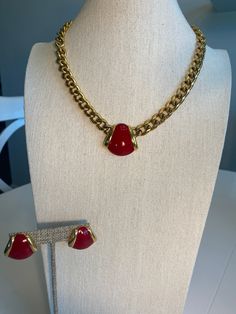 This listing is for a beautiful Monet necklace with matching earrings.  Please review pics carefully before purchasing Formal Red Enamel Necklaces, Formal Red Enamel Necklace, Costume Jewelry Red Necklace With Matching Earrings, Red Costume Jewelry Necklace With Matching Earrings, Monet Necklace, Necklace Red, Gold Tone Necklace, Gold Jewelry Fashion, Pierced Earrings