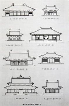 an architectural drawing shows the various types of buildings in different styles and sizes, including pagodas