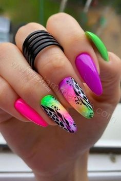 18 Vibrant Neon Nails Ideas: 1. Ombre Swirl 2. Lime French 3. Abstract Art 4. Yellow Glitter 5. Matte Gradient 6. Skittle Dot and more ideas Neon Gel Nail Designs, Nails 2022, Colorful Nails, Animal Nails, Get Nails, Rainbow Nails