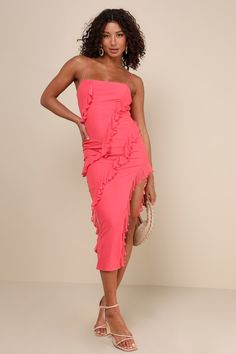 Exclusive Perfection Coral Pink Mesh Ruffled Midi Dress Spaghetti Strap Midi Dress With Ruffles For Prom, Fitted Chiffon Midi Dress For Cocktail, Summer Midi Dress With Ruffle Hem For Prom, Fitted Mesh Ruffle Dress For Prom, Feminine Ruffled Midi Dress For Party, Fitted Ruffle Mesh Dress For Prom, Fitted Mesh Dress With Ruffles For Prom, Cocktail Maxi Dress With Spaghetti Straps And Ruffles, Fitted Chiffon Midi Dress With Ruffle Hem