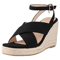 Every girl needs a versatile pair of wedges in her closet, and these beauties are a must-have! Featuring a stylish slingback ankle strap and an espadrille platform heel, they effortlessly add comfort to your everyday look. The cross-strap design perfectly complements your favorite denim jeans, shorts, skirts, and casual wear, making them a go-to choice for any occasion. Plus, they're made with a soft faux suede vamp, durable TPR outsole, and a comfortable Espadrille+EVA heel, ensuring long-lasti Chic Adjustable Wedge Sandals For Day Out, Chic Adjustable Wedge Sandals With Cushioned Footbed, Wedge Sandals With Heel Strap For Vacation, Adjustable Slingback Wedge Sandals For Spring, Spring Adjustable Slingback Wedge Sandals, Chic Wedge Heel Slingback Sandals For Beach, Chic Adjustable Wedge Sandals, Adjustable Slingback Wedge Sandals For Vacation, Chic Slingback Wedge Sandals For Vacation