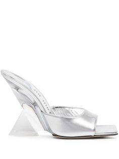 silver-tone leather strap detailing slip-on style square open toe branded leather insole high sculpted heel leather and rubber sole logo at the sole The Attico, Silver Shoes, Leather Mules, Shiny Silver, Pyramid, Mule, Wedding Guest, Open Toe, Rubber Sole