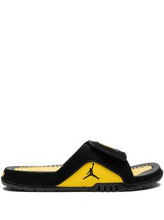 black yellow signature Jumpman motif open toe side touch-strap fastening slip-on style transparent gel-like footbed rubber sole Yellow Sporty Non-slip Sandals, Yellow Non-slip Slide Sandals, Yellow Sporty Open Toe Sport Sandals, Yellow Sport Sandals With Cushioned Footbed, Yellow Open Toe Sport Sandals, Yellow Open Toe Synthetic Slides, Yellow Slides With Rubber Sole And Round Toe, Yellow Slides With Round Toe And Rubber Sole, Yellow Open Toe Slides With Rubber Sole