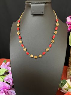 Coral Gold Beads Mala Neckless Only One/ Hand Made Mala 18 Inches Gold Finish/Nakshi Gold Beads/Light weight/Indian Jewelry/Temple Jewelry DETAILS: Includes ; One Coral Beads Mala /Only One Necklace. Necklace: 18 inches. Adjustable length. Chain Closure.  0.31 oz  (12 gr).  Material: Imitation, Matte Gold Finish Coral  pearls, Cubic Zirconia, AD Stones. Finish: Matte Antique Gold Finish with Pendent Haram.  NOTE: I try my best to show you photos of my products as they appear in real life, but please note that variations in color occur due to differences in lighting and screen settings.  PRODUCT CARE: - Avoid contact with heat/fire, water, and chemicals such as perfumes or any sprays to prevent product damage.  - Store wrapped in butter paper, cotton cloth, or the provided box. Adjustable Beaded Chain Necklaces For Festive Occasions, Adjustable Beaded Necklaces For Festive Occasions, Temple Jewelry Beaded Necklace For Celebration, Beaded Mala With Round Beads For Celebration, Beaded Mala For Celebration, Adjustable Beaded Chain Beads For Festive Occasions, Beaded Round Temple Jewelry Necklaces, Adjustable Beaded Chain For Festive Occasions, Temple Jewelry Necklace With Beaded Chain For Festive Occasions