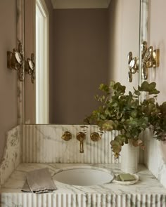 a white sink sitting under a bathroom mirror next to a plant in a vase on top of a counter