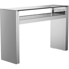 a silver desk with a glass top and metal frame around the edge, in front of a white background