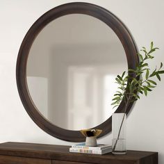 a round mirror sitting on top of a wooden dresser next to a potted plant