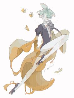 an anime character holding a surfboard in her right hand and flying butterflies around her