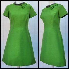 🍀Beautiful 1960's Silk A-Line Dress🍀 Details:  -Label: Buffum's California *Beaded Collar *Darling side bow near the neck *Zips up the back *Fabric Content: Silk *Fully lined Measurements:  *Shoulders: 15 *Bust: 34 *Sleeve length: 6.5 *Waist: 29 *Hips: 38 *Total length: 37 *Zipper length: 20.5 ✨️Measured flat and doubled.✨ Condition: *Light fading on the shoulders.  *Two tiny pin sized holes on the front. Both are pictured. *A few yellow stains throughout. Example has been posted. *The beaded neckline has no loose beads, but please keep in mind that the beads are being held together by a single strand of thread, so it is very fragile. Happy to answer any questions! All sales are final. Thank you! Horror Animation, 1960s Clothes, Sunday Clothes, 60s Look, 1960s Dresses, 1960s Outfits, 60s And 70s Fashion, Fabulous Clothes, Beaded Collar