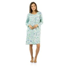 Size recommendation: Size Medium (4-6) Large (8-10) X-Large (12-14) XX-Large (16-18), Order one size up For a more Relaxed Fit Hit the sack in total comfort with this Soft and lightweight Knit Nightgown From Casual Nights in fun printed pattern, Features Button closure, long sleeves, detailed with lace, Satin Ribbon and Embroidery for an extra feminine touch. A comfortable fit perfect for sleeping or lounging around as a housedress. Size: 5X.  Color: Green.  Gender: female.  Age Group: adult. Knit Nightgown, Long Sleeve Nightgown, Muumuu Dress, Plus Size Pajamas, House Dress, Nightgowns, Night Shirt, Vintage Style Outfits, Casual Style Outfits