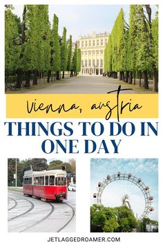 a red and white bus driving down a street next to tall buildings with the words vienna, austria things to do in one day