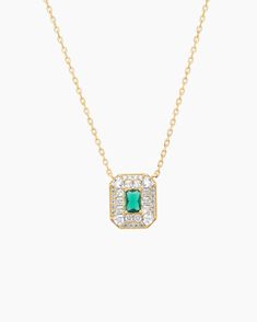 Elevate your style with our stunning Art Deco Necklace, plated in lustrous gold over sterling silver. Featuring a mesmerizing green spinel in an emerald cut as the center stone, this necklace is a true statement of elegance. The intricate design surrounding the center stone adds a vintage-inspired touch, paying homage to the Art Deco era. With a length of 16 inches plus a 2-inch extension, this necklace offers versatility in wearing and allows for the perfect fit. Classic Green Necklace With Rectangular Pendant, Elegant Green Emerald Necklace With Rectangular Pendant, Elegant May Birthstone Necklace With Rectangular Stone, Elegant Green Jewelry With Rectangular Pendant, Gold Emerald Cut Gemstone Necklace, Elegant Octagon Green Necklace, Elegant Green Octagon Necklace, Gold Necklaces With Rectangular Stone For Formal Occasions, Gold Emerald-cut Necklace For May Birthstone