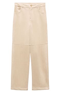 Decorative seams add a structured element to these sueded pants in a slightly flared silhouette. Zip fly with button closure Five-pocket style Partially lined 95% polyester, 5% elastane Machine wash, line dry Imported Wide Leg Leather Work Pants With Five Pockets, Wide Leg Leather Pants With Five Pockets For Work, Casual Leather Pants With Five Pockets For Work, Elegant Beige Leather Bottoms, Beige Leather Pants For Spring Workwear, Chic Beige Leather Pants For Work, Chic Beige Leather Bottoms, Beige Casual Leather Pants For Work, Casual Beige Leather Pants For Work