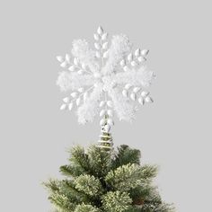 a white snowflake on top of a christmas tree with pine cones and needles