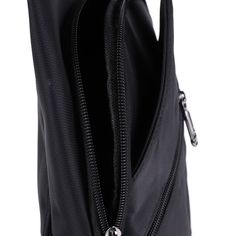 an open black bag with zippers on the front and side pockets, all inside