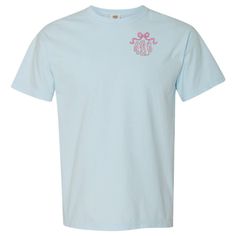 Add a perfect personal touch of embroidered girly glam to any look- “Put A Bow On It”🎀 Perfect for any occasion, this Monogrammed 'Bow' Comfort Colors T-Shirt is sure to turn heads and make a statement :) Pink Short Sleeve Sorority T-shirt, Pink Monogrammed Cotton Top, Pink Monogram Cotton Top, Monogrammed Short Sleeve Cotton T-shirt, Cotton Monogram T-shirt For Spring, Pink Custom Embroidery Short Sleeve T-shirt, Pink Short Sleeve T-shirt With Custom Embroidery, Spring Cotton Monogram T-shirt, Short Sleeve Cotton Monogram Top