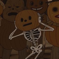 a group of cartoon characters with pumpkins and forks in their hands, all dressed up for halloween