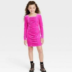 Fuchsia Velour Dress Has A Ruched Front And Square Neckline Shell: 92% Recycled Polyester 8% Spandex Lining: 100% Recycled Polyester Pink Velor Dress, Class Dress, Dresses Velvet, Girls Long Sleeve Dresses, Black Pleated Dress, Ribbed Tank Dress, Girls Maxi Dresses, Dress Art, Girls Floral Dress