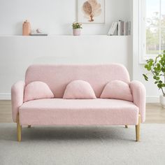 a pink couch sitting on top of a wooden floor next to a plant in a living room