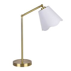 a gold desk lamp with a white shade on it's arm and a metal base