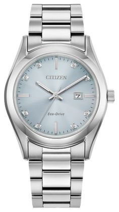 When sporty style meets luxury, you get this latest stunner from Citizen. Joining ready-for-anything wearability with feminine elegance, this time-and-date timepiece is the ultimate day-to-evening watch to wear. The silver-tone stainless steel case measures 33mm in diameter and is presented on a silver-tone, 3-link stainless steel bracelet for a sleek, versatile wear on the wrist. The radiant blue dial is characterized by its highly legible style and diamond accents, elevating the sporty wearer Diamond Watches Women, Eco Drive Watches, Feminine Elegance, Citizen Watch, Citizen Eco, Luxury Timepieces, Luxury Diamonds, Eco Drive, Women's Watch