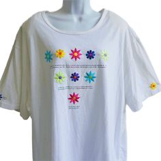 Vintage 90s Nos White T Shirt Tee. Rainbow Studs & Embroidery Flowers Chest Sleeves Shoulder Pads. Machine Wash Cotton Poly Blend. Assembled In Mexico With Us Components. Tagged Size 4x. Plus Brand: Csi Sport Bust: 30"X2 Flat Across Without Stretching Shoulder: 25" Length: 32" Condition: Preowned. New/Nwt/Never Worn/Washed. Excellent Condition. 8bin 11.3oz P1330299posh Geminitiger7dez Floral Country Farmhouse Fairy Pyramid Triangle White Tops With Machine Embroidery For Spring, White Machine Embroidered Tops For Spring, White Short Sleeve Tops With Machine Embroidery, Tee Embroidery, Country Farmhouse, White T, Embroidery Flowers, White T Shirt, White Tshirt