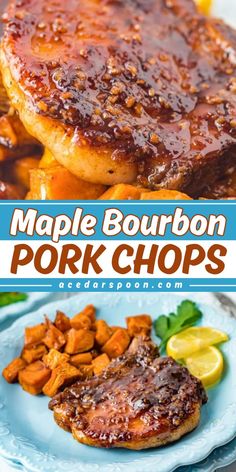 maple bourbon pork chops on a blue plate