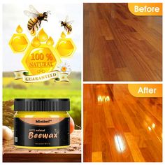 the before and after shots of beeswax wood floor polishing, including honey