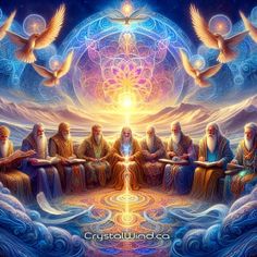 the seven chakras are sitting in front of an image with doves flying above them