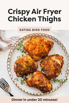 These crispy air fryer chicken thighs are juicy and tender and so easy to make! They cook up in under 20 minutes making them perfect for a quick and easy weeknight dinner.