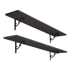 two black metal shelves with brackets on them