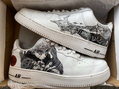 -MADE TO ORDER- AIR FORCE 1's Custom  Hey there! I'm an artist making custom anime shoes! I can draw any characters you like on a pair, one on each shoe, all in black and white. These shoes are perfect for anime,sneaker fans and for gifts . Each order comes with a customised box and is packed carefully to avoid damage. ~Made to order :  -tell me your shoe size  -characters you want on the shoe  - If you have any questions, just drop me a message Shipping info: - Expect your order in about 14 day Customising Shoes, Painting Shoes, Af1 Custom, Af1 Shoes, Custom Af1, Air Force 1s, Unique Sneakers, Air Force 1 Custom, Shoes Diy