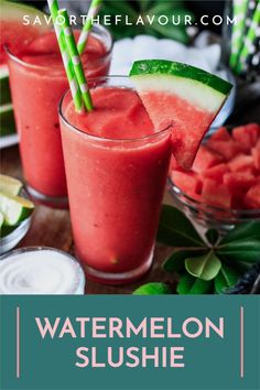 watermelon slushie in glasses with green straws and slices of watermelon